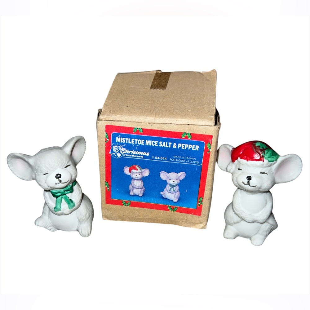 Vintage House of Lloyd Mistletoe Mice Salt Pepper Shakers Christmas Hand Painted